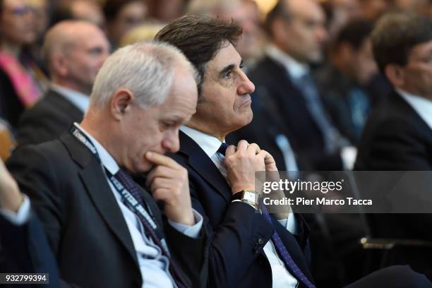 Director of Corriere della Sera Luciano Fontana and CEO of RCS Group Urbano Cairo attend 'L'Italia Che Genera Futuro' convention at the Stock...