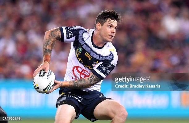 Ben Hampton of the Cowboys looks to pass during the round two NRL match between the Brisbane Broncos and the North Queensland Cowboys at Suncorp...