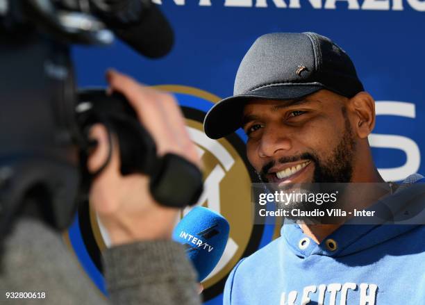 Maicon looks on during the FC Internazionale training session at the club's training ground Suning Training Center in memory of Angelo Moratti at...