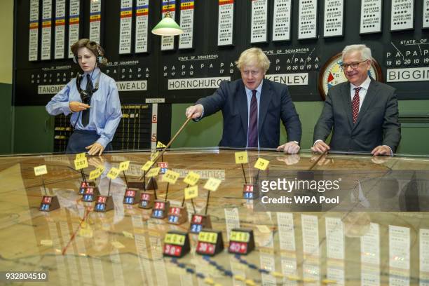 British Foreign Secretary Boris Johnson and his Polish counterpart Jacek Czaputowicz visit a Battle of Britain bunker in Uxbridge on March 16 in...