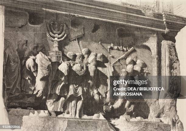 Emperor Titus' triumphal entry in Rome following the conquest of Judea, bas-relief on the Arch of Titus, Rome, Italy, illustration from La...