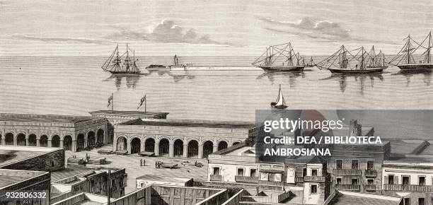 View of the port of Veracruz from Plaza del Muelle , Mexico, illustration from La Ilustracion Espanola y Americana magazine, Year 19, Number 24, June...