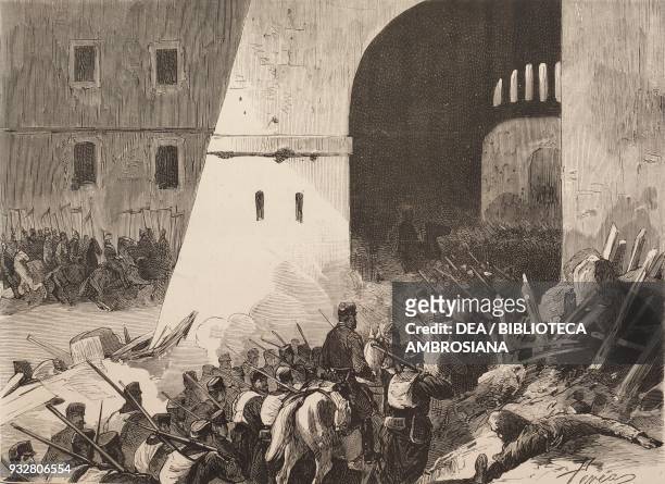 General Arsenio Martinez Campos entering Miravet castle at the head of the troops, Tarragona, June 24 Spain, Carlist Wars, illustration from La...