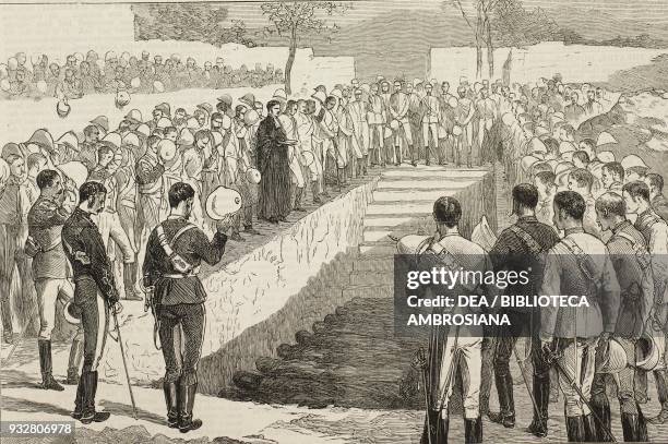 Burying the bodies in the British cemetery, Jalalabad, disaster to the 10th Hussar on the Kabul river, Second Anglo-Afghan War, illustration from the...