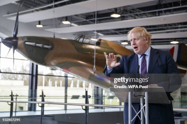 British Foreign Secretary Boris Johnson speak to the media during a visit to a Battle of Britain bunker in Uxbridge on March 16 in London, England.