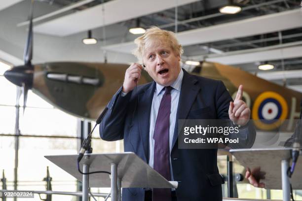 British Foreign Secretary Boris Johnson speaks to media during a visit to a Battle of Britain bunker in Uxbridge on March 16 in London, England.