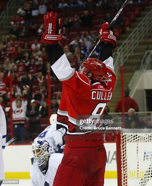 Matt Cullen of the Carolina Hurricanes scores a second period goal against the Toronto Maple Leafs at the RBC Center on November 19, 2009 in Raleigh,...