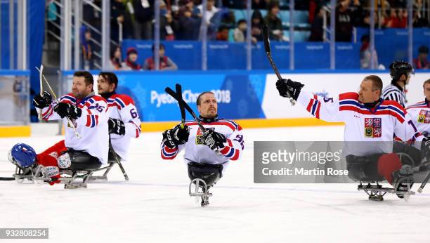 Zdenek Kupicka of Czech Republic celebrates after the Ice Hockey classification game between Norway and Czech Republic during day seven of the...