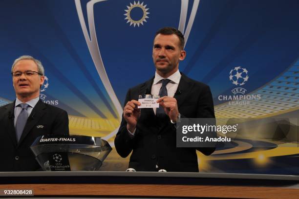 Ukrainian former football player Andriy Shevchenko shows the slip of Juventus Footbal Club during the draw for the quarter finals round of the UEFA...