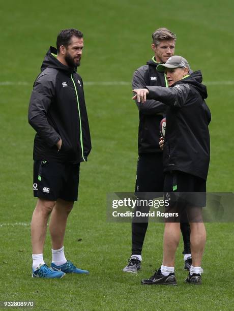 Andy Farrell, the Ireland defence coach, Simon Easterby, forwards coach and head coach Joe Schmidt, look on during the Ireland captain's run at...