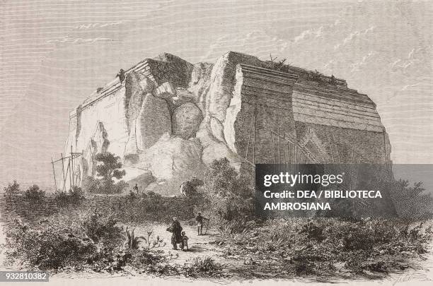 Great Temple of Mingun after the earthquake in 1839, Burma, drawing by Karl Girardet from a sketch by Yule, from Narrative of the Mission to the...