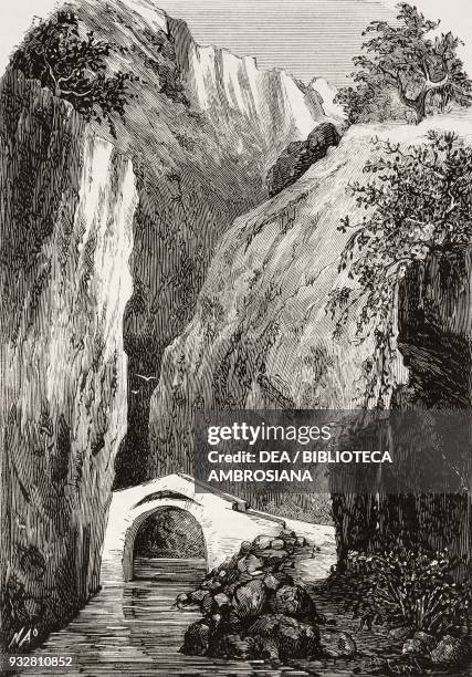 Devils bridge between Organa and Seo de Urgel, Lerida, Spain, illustration from La Ilustracion Espanola y Americana magazine, Year 19, Number 35,...