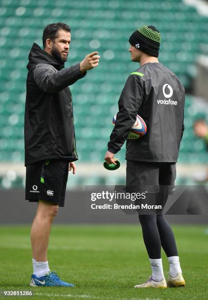 London , United Kingdom - 16 March 2018; Defence coach Andy Farrell, left, with Jonathan Sexton during the Ireland rugby captain's run at Twickenham...