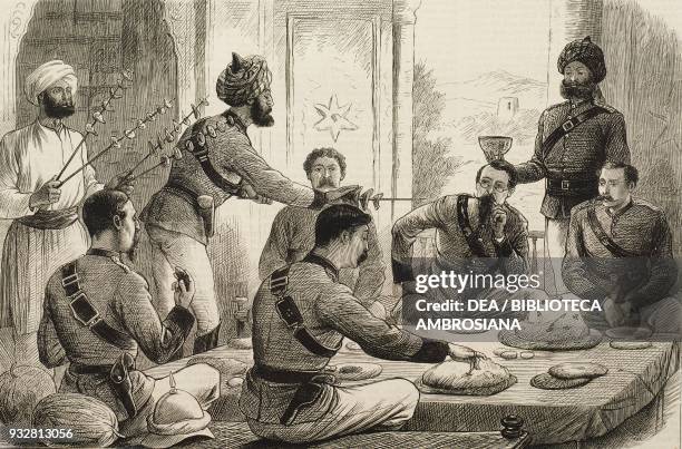 Tiffin with an Afghan chief at Gandamak, the end of the Second Anglo-Afghan war, illustration from the magazine The Graphic, volume XIX, no 499, June...