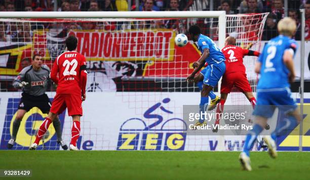 Chinedu Obasi of Hoffenheim scores the 0:2 goal during the Bundesliga match between 1. FC Koeln and 1899 Hoffenheim at RheinEnergieStadion on...