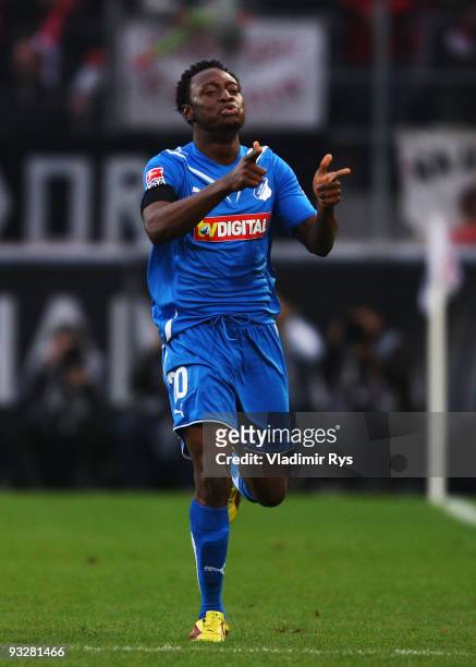 Chinedu Obasi of Hoffenheim celebrates after scoring the 0:2 goal during the Bundesliga match between 1. FC Koeln and 1899 Hoffenheim at...