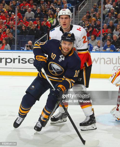 Jacob Josefson of the Buffalo Sabres skates during an NHL game against Michael Stone of the Calgary Flames on March 7, 2018 at KeyBank Center in...