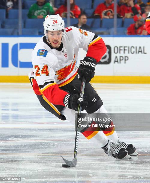 Travis Hamonic of the Calgary Flames skates during an NHL game against the Buffalo Sabres on March 7, 2018 at KeyBank Center in Buffalo, New York.