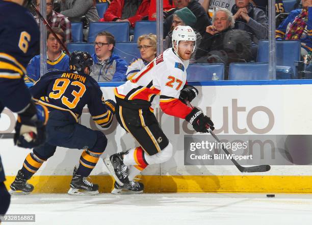 Dougie Hamilton of the Calgary Flames skates during an NHL game against the Buffalo Sabres on March 7, 2018 at KeyBank Center in Buffalo, New York.