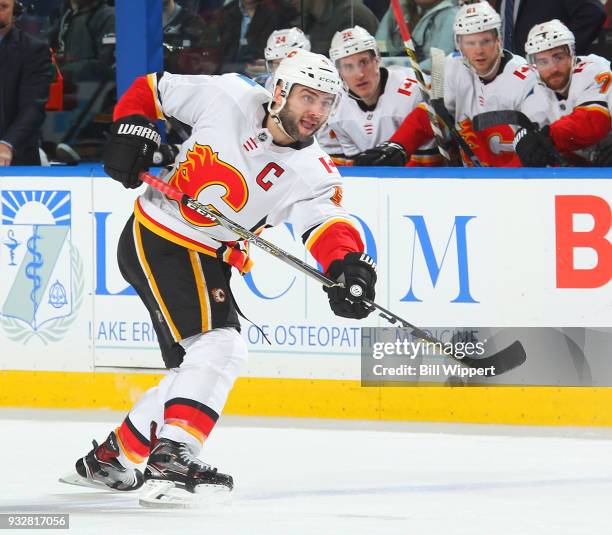 Mark Giordano of the Calgary Flames shoots the puck during an NHL game against the Buffalo Sabres on March 7, 2018 at KeyBank Center in Buffalo, New...