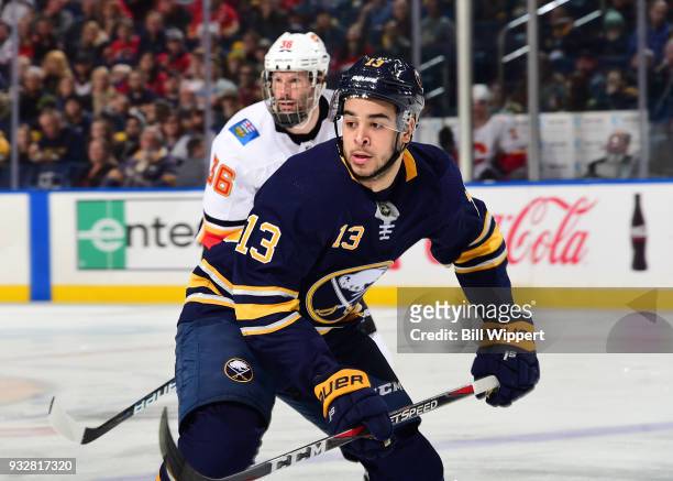 Nicholas Baptiste of the Buffalo Sabres skates during an NHL game against the Calgary Flames on March 7, 2018 at KeyBank Center in Buffalo, New York.