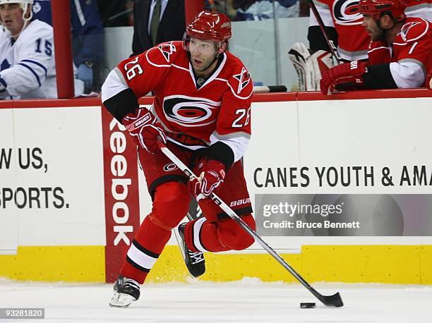 Erik Cole of the Carolina Hurricanes skates against the Toronto Maple Leafs at the RBC Center on November 19, 2009 in Raleigh, North Carolina.