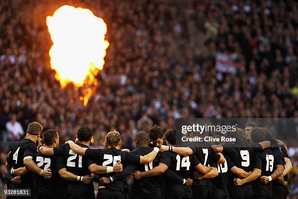 New Zealand players huddle up prior to kickoff during the Investec Challenge Series match between England and New Zealand at Twickenham on November...