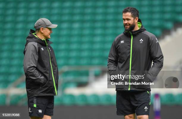 London , United Kingdom - 16 March 2018; Ireland head coach Joe Schmidt, left, with defence coach Andy Farrell during the Ireland rugby captain's run...