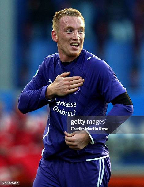 Aleksandar Kotuljac of Osnabruck celebrates after he scores his team's 4th goal during the third Bundesliga match between VfL Osnabrueck and Borussia...