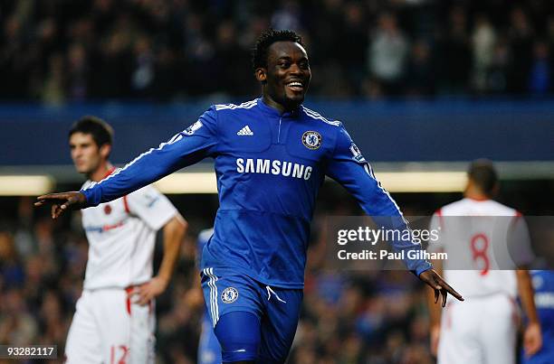 Michael Essien of Chelsea celebrates scoring their third goal during the Barclays Premiership match between Chelsea and Wolverhampton Wanderers at...