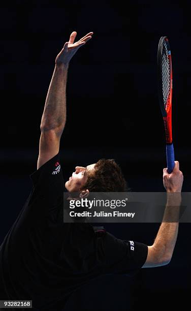 Andy Murray of Great Britain in action in a practice session during the Barclays ATP World Tour Finals - previews at O2 Arena on November 21, 2009 in...