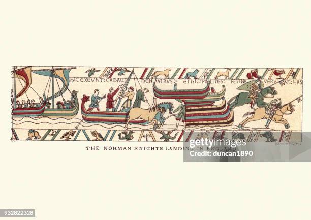 bayeux tapestry showing norman knights landing in england, 1066 - anglo saxon stock illustrations