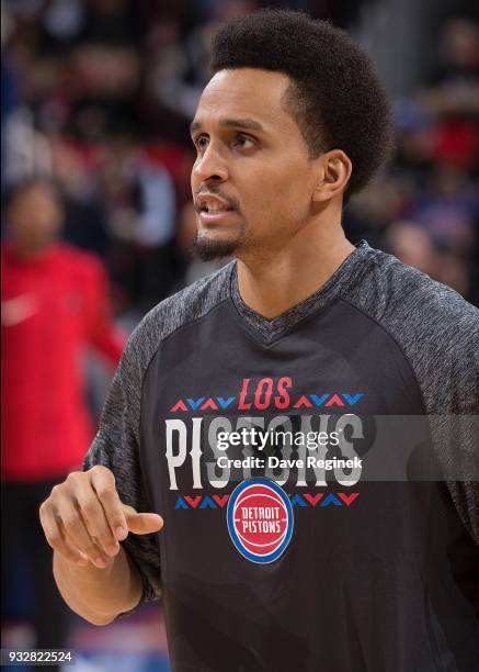 Reggie Hearn of the Detroit Pistons warms up prior to an NBA game against the Toronto Raptors at Little Caesars Arena on March 7, 2018 in Detroit,...