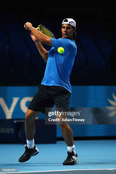 Rafael Nadal of Spain in action in a practice session during the Barclays ATP World Tour Finals - previews at O2 Arena on November 21, 2009 in...