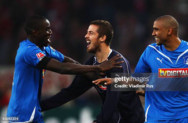 Demba Ba of Hoffenheim is celebrated by his team mates after scoring the 0:3 goal during the Bundesliga match between 1. FC Koeln and 1899 Hoffenheim...