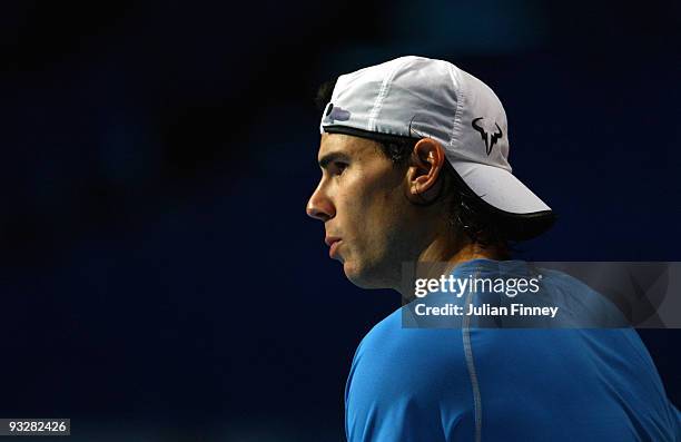 Rafael Nadal of Spain looks on in a practice session during the Barclays ATP World Tour Finals - previews at O2 Arena on November 21, 2009 in London,...