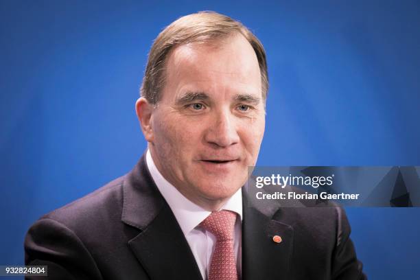 Stefan Loefven, Prime Minister of Sweden, is pictured during a press conference on March 16, 2018 in Berlin, Germany.