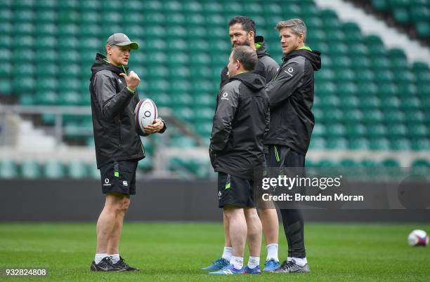 London , United Kingdom - 16 March 2018; Ireland head coach Joe Schmidt with his coaching staff, kicking coach Richie Murphy, defence coach Andy...