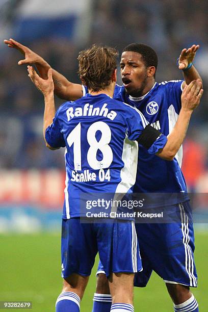 Jefferson Farfan of Schalke celebrates the first goal with Rafinha during the Bundesliga match between FC Schalke 04 and Hannover 96 at the Veltins...