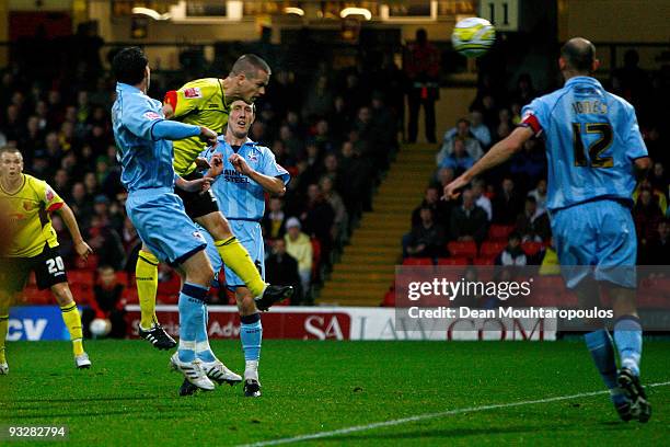 Heidar Helguson of Watford heads in the second goal of the game during the Coca Cola Championship match between Watford and Scunthorpe United at...