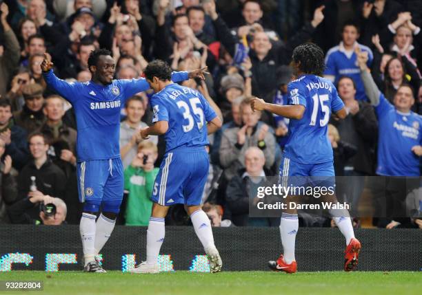 Michael Essien of Chelsea celebrates his second goal with Juliano Belletti during the Barclays Premiership match between Chelsea and Wolverhampton...