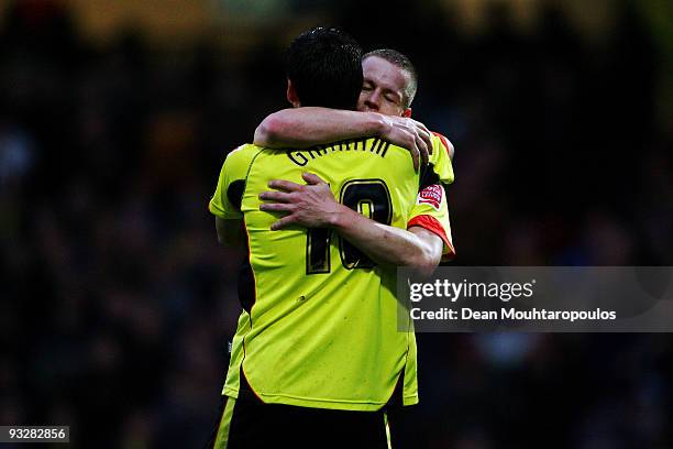 Heidar Helguson of Watford celebrates scoring the second goal of the game with team mate Danny Graham during the Coca Cola Championship match between...