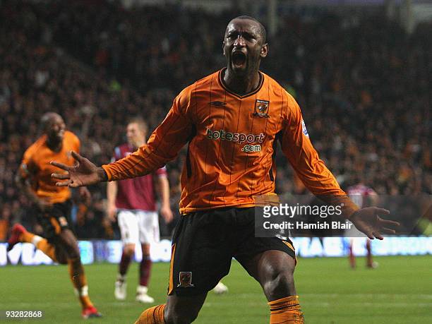 Kamil Zayatte of Hull celebrates after scoring his team's second goal during the Barclays Premier League match between Hull City and West Ham United...