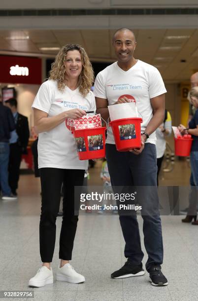 British athletes Sally Gunnell and Colin Jackson help to raise money for Sport Relief at at Gatwick Airport on March 16, 2018 in London, England. The...