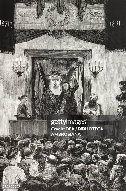 Louise Michel addressing the audience, a communards' meeting in Paris, France, illustration from the magazine The Graphic, volume XXIII, n 581,...