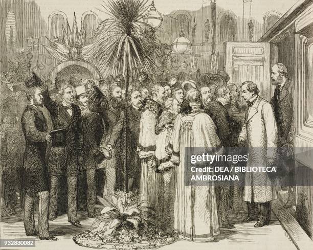 Arrival of Benjamin Disraeli, 1st Earl of Beaconsfield at Charing Cross Railway Station, after the Congress of Berlin, London, United Kingdom,...