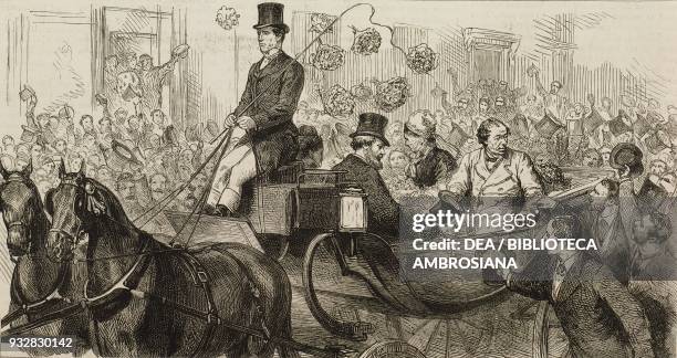 Benjamin Disraeli, 1st Earl of Beaconsfield, outside Charing Cross Railway Station, after the Congress of Berlin, London, United Kingdom,...