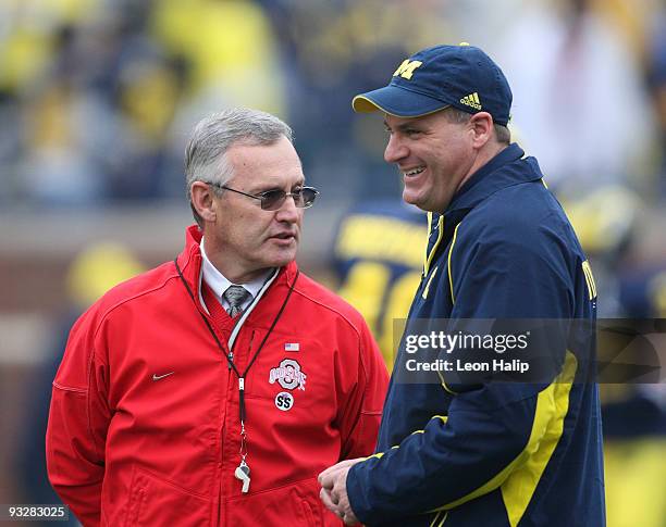 Ohio State head coach Jim Tressel and University of Michigan head coach Rich Rodriguez talk prior to the start of the game at Michigan Stadium on...