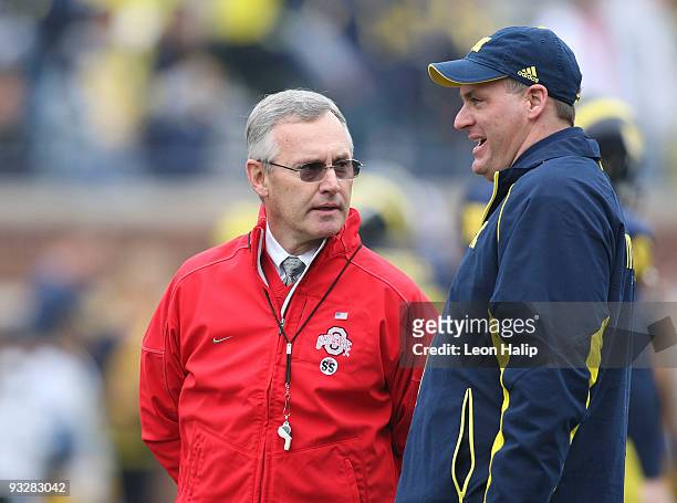 Ohio State head coach Jim Tressel and University of Michigan head coach Rich Rodriguez talk prior to the start of the game at Michigan Stadium on...