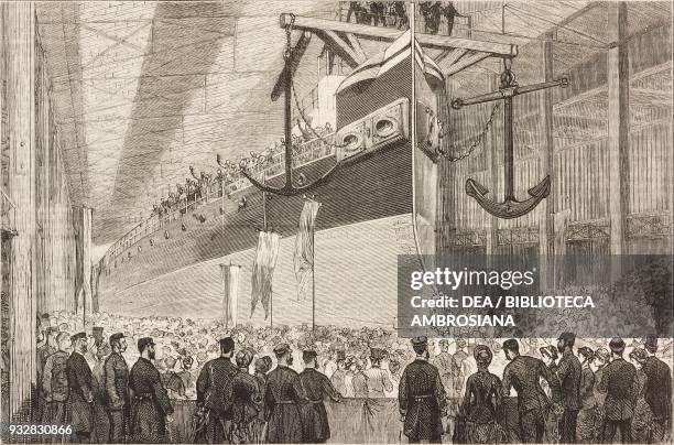 The launch of HMS Agamemnon at Chatam, United Kingdom, illustration from the magazine The Graphic, volume XX, no 513, September 27, 1879.